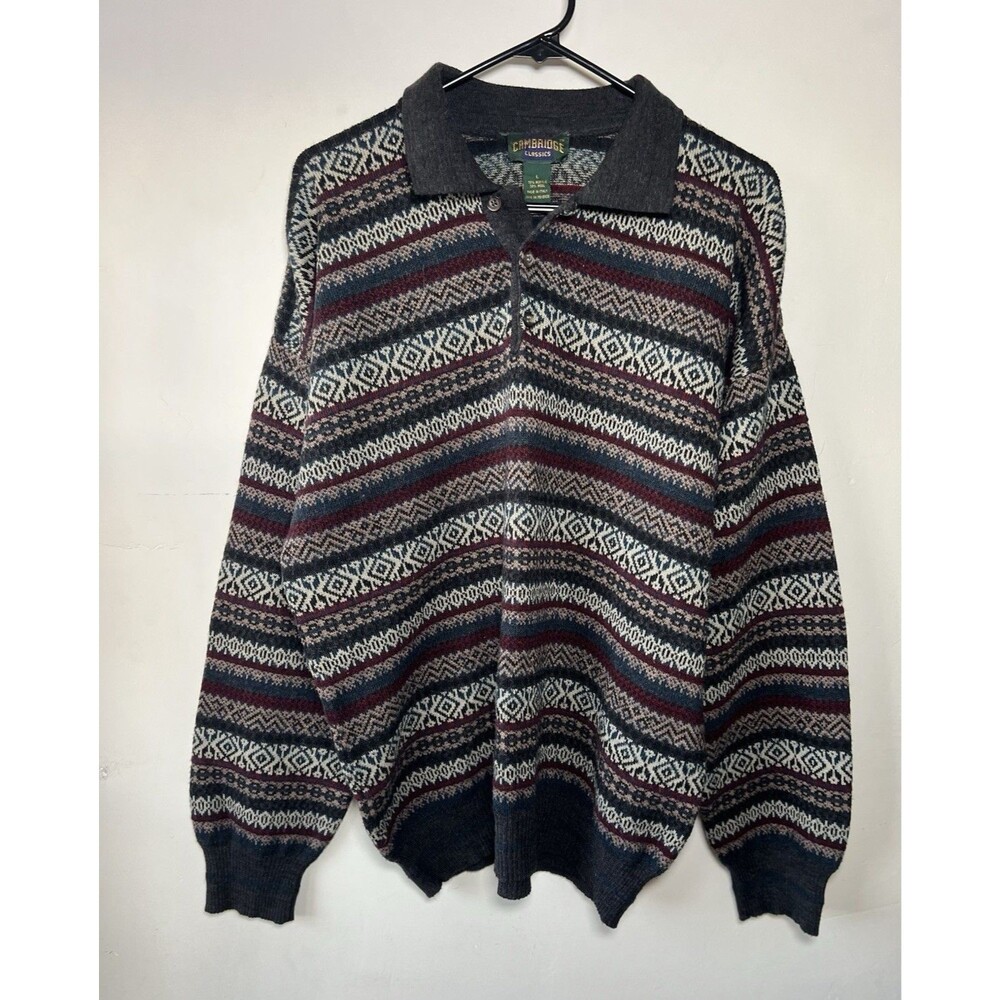 Cambridge Classics L Wool Knit Fair Isle Collared Pullover Sweater Gray Italy